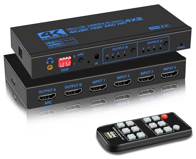 MATRIZ HDMI 4K 4 ENTRADAS 2 SALIDAS Y AUDIO