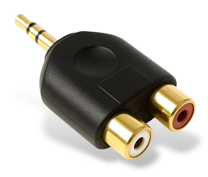 ADAPTADOR JACK 3.5mm STEREO MACHO A 2 RCA HEMBRA DORADO